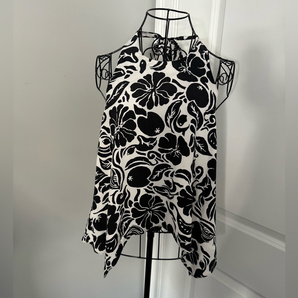 Alice & Olivia Flowered High Low Halter Top in Black and White
